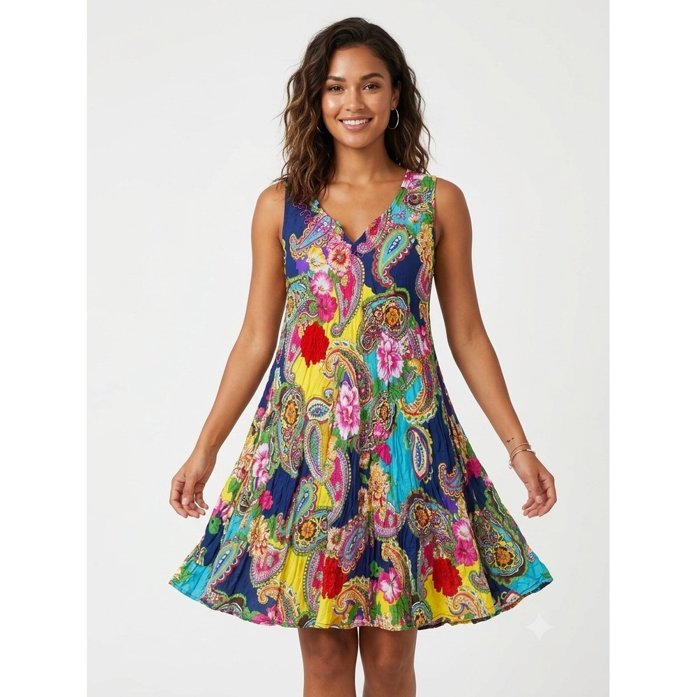 Double Decker Womens Paisley Floral Mini Dress Multi Color VNeck Free Size India